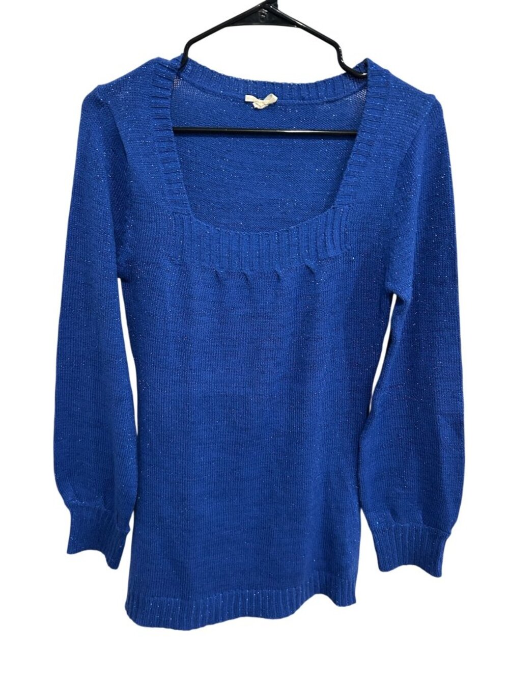 Womens Blue Square Neck Sparkle Knit Long Sleeve Sweater Coquette Party